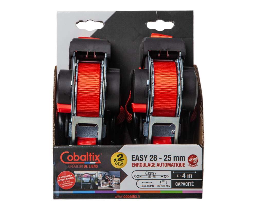 Image du produit EASY-28 LG 3.50M ENROULEUR AUTOMATIQUE + FER 253 -LC 300 daN SANGLE ROUGE LARG. 25MM (LOT 2 PCES)