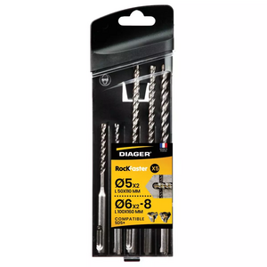 Image produit COFFRET 5 FORETS BETON ROCKFASTER L110 &Oslash;5(X2) L160 &Oslash;6(X2)-8 MM COMPATIBLE SDS+